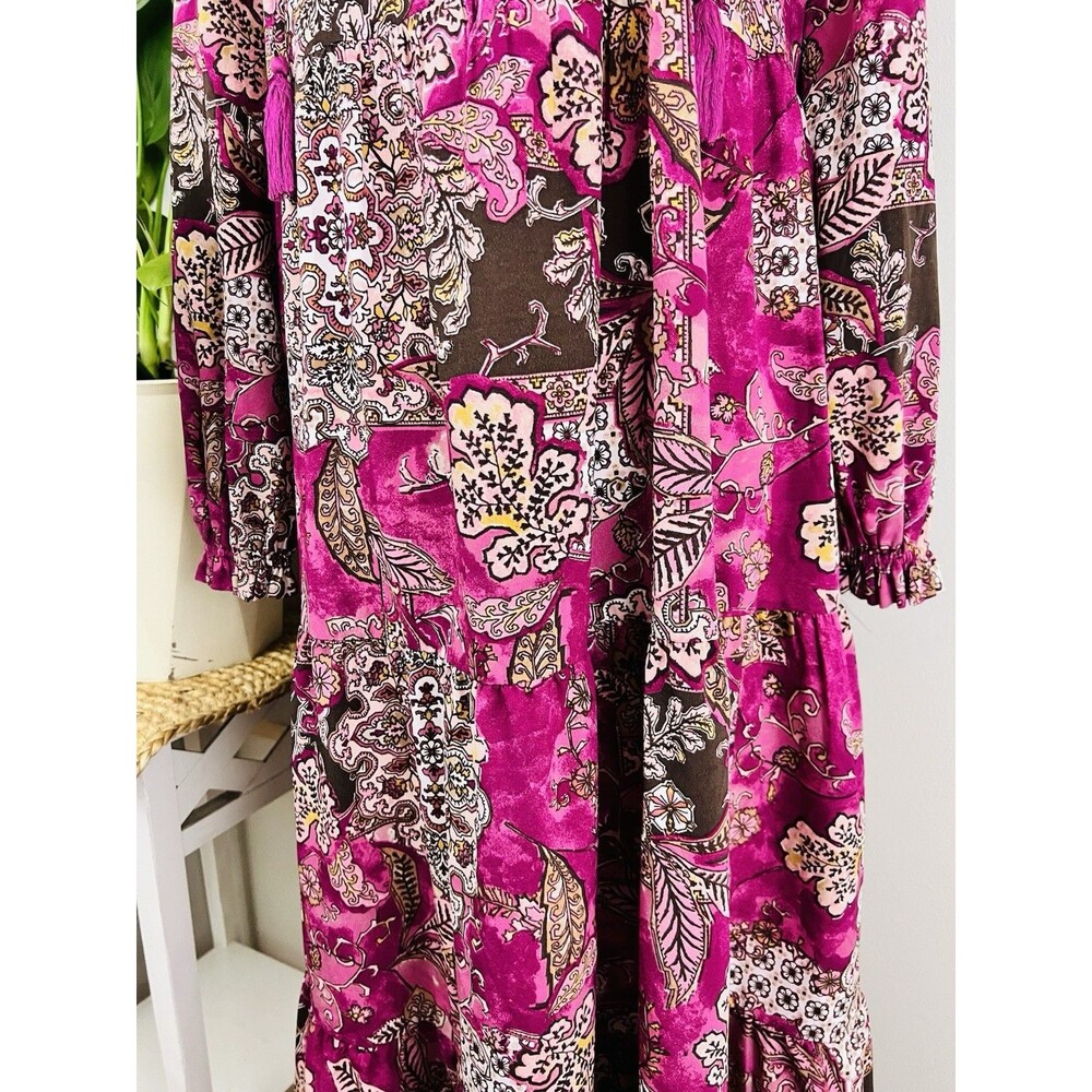 Wonderly Super Soft Fuchsia Floral Long Sleeve Ruffly Maxi Dress Tiered Sz Large - Picture 5 of 10